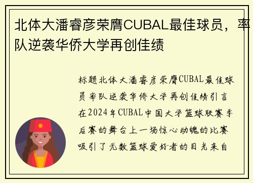 北体大潘睿彦荣膺CUBAL最佳球员，率队逆袭华侨大学再创佳绩