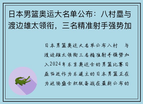 日本男篮奥运大名单公布：八村塁与渡边雄太领衔，三名精准射手强势加入