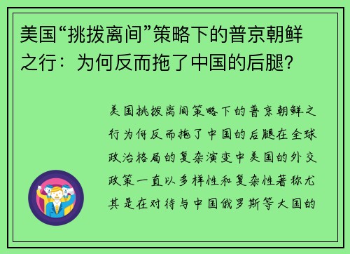 美国“挑拨离间”策略下的普京朝鲜之行：为何反而拖了中国的后腿？