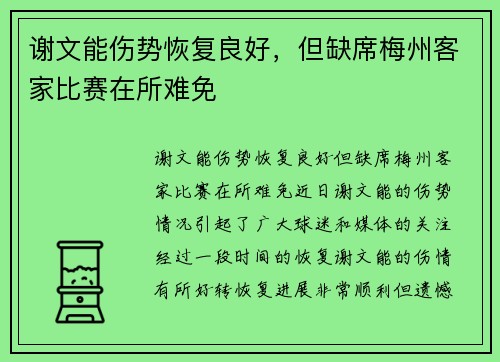 谢文能伤势恢复良好，但缺席梅州客家比赛在所难免