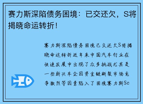 赛力斯深陷债务困境：已交还欠，S将揭晓命运转折！