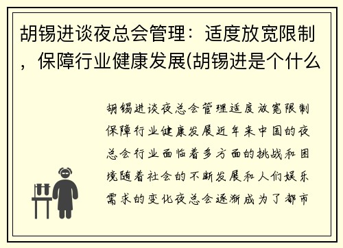 胡锡进谈夜总会管理：适度放宽限制，保障行业健康发展(胡锡进是个什么人)