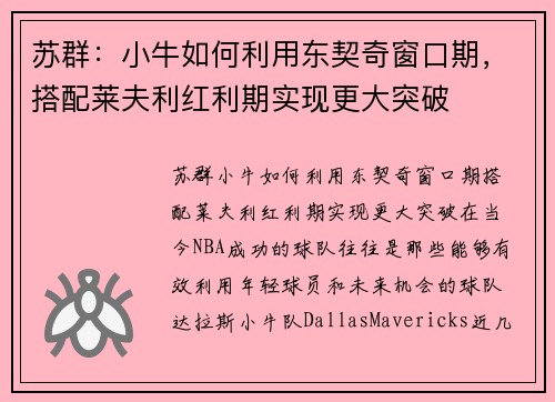 苏群：小牛如何利用东契奇窗口期，搭配莱夫利红利期实现更大突破