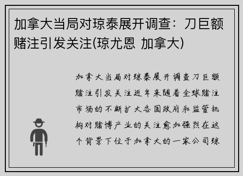 加拿大当局对琼泰展开调查：刀巨额赌注引发关注(琼尤恩 加拿大)