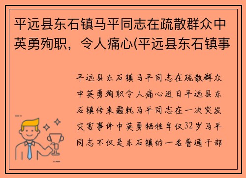 平远县东石镇马平同志在疏散群众中英勇殉职，令人痛心(平远县东石镇事件)