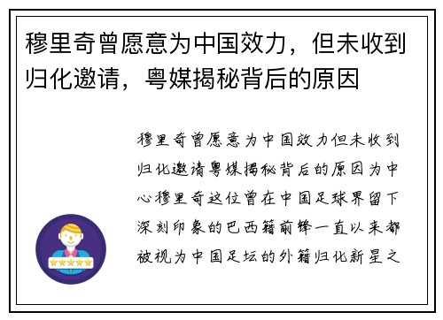 穆里奇曾愿意为中国效力，但未收到归化邀请，粤媒揭秘背后的原因